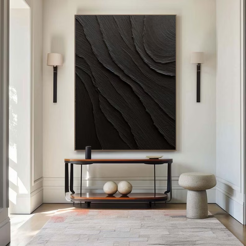 Elegant Minimalist Black Abstract Oil Painting for Contemporary Decor