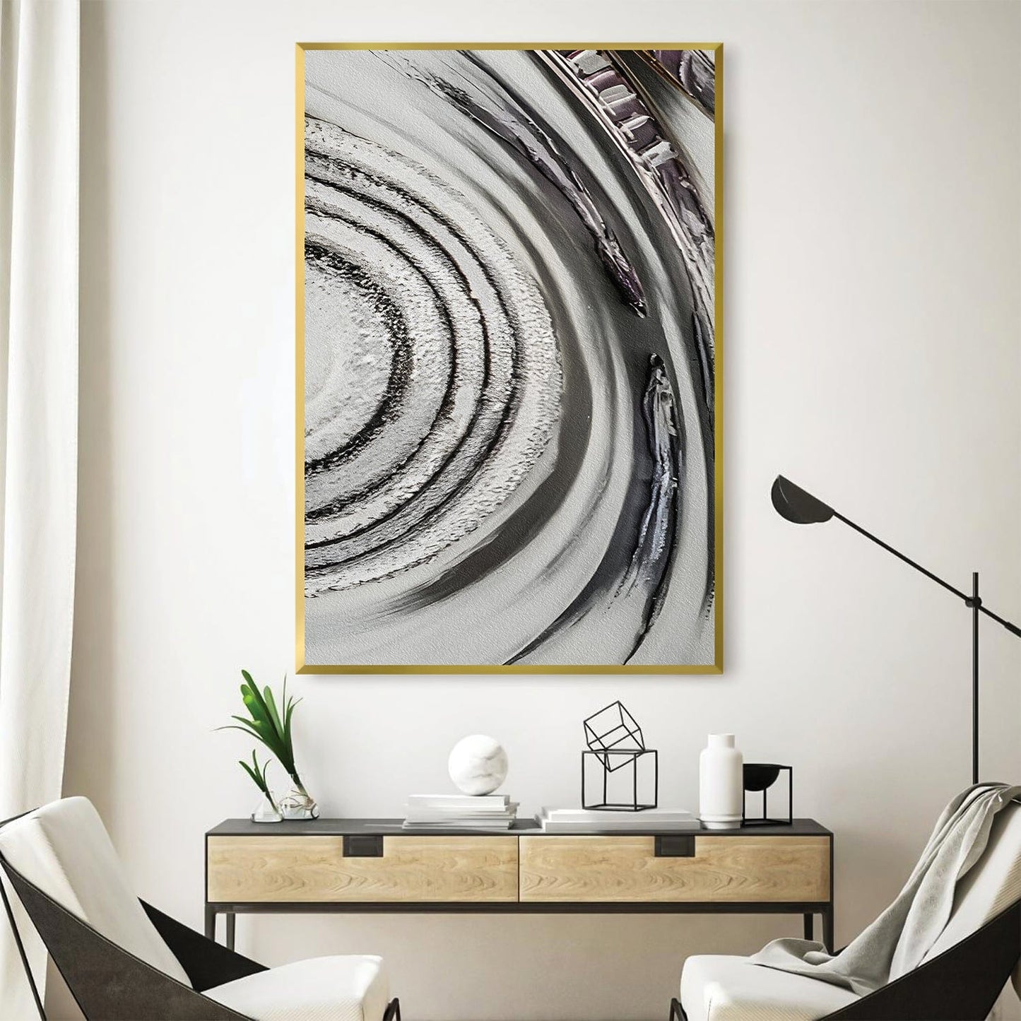 Abstract Silver and Black Oil Painting for Modern Home Decor