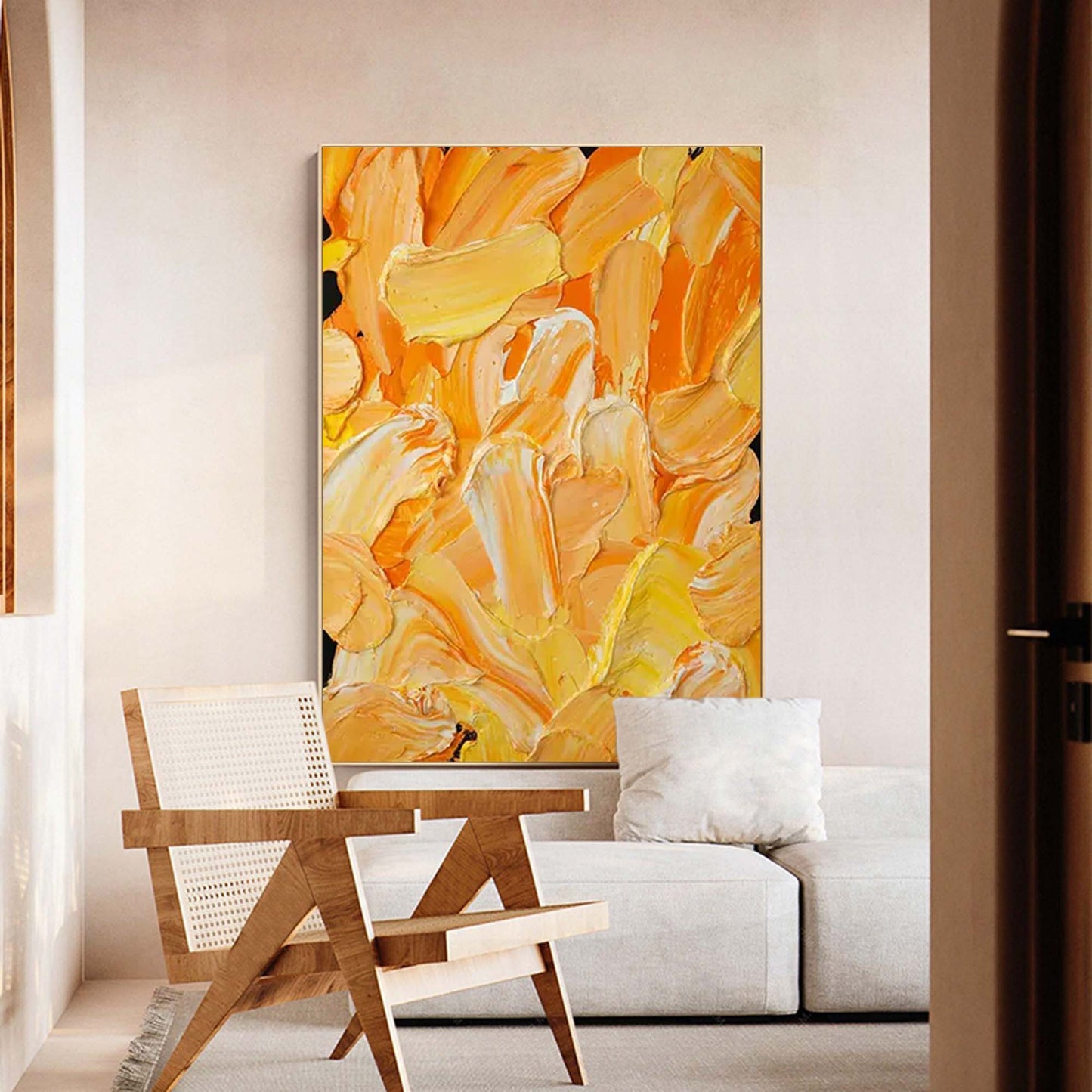 Vibrant Abstract Oil Painting in Warm Yellow and Orange Tones for Modern Decor