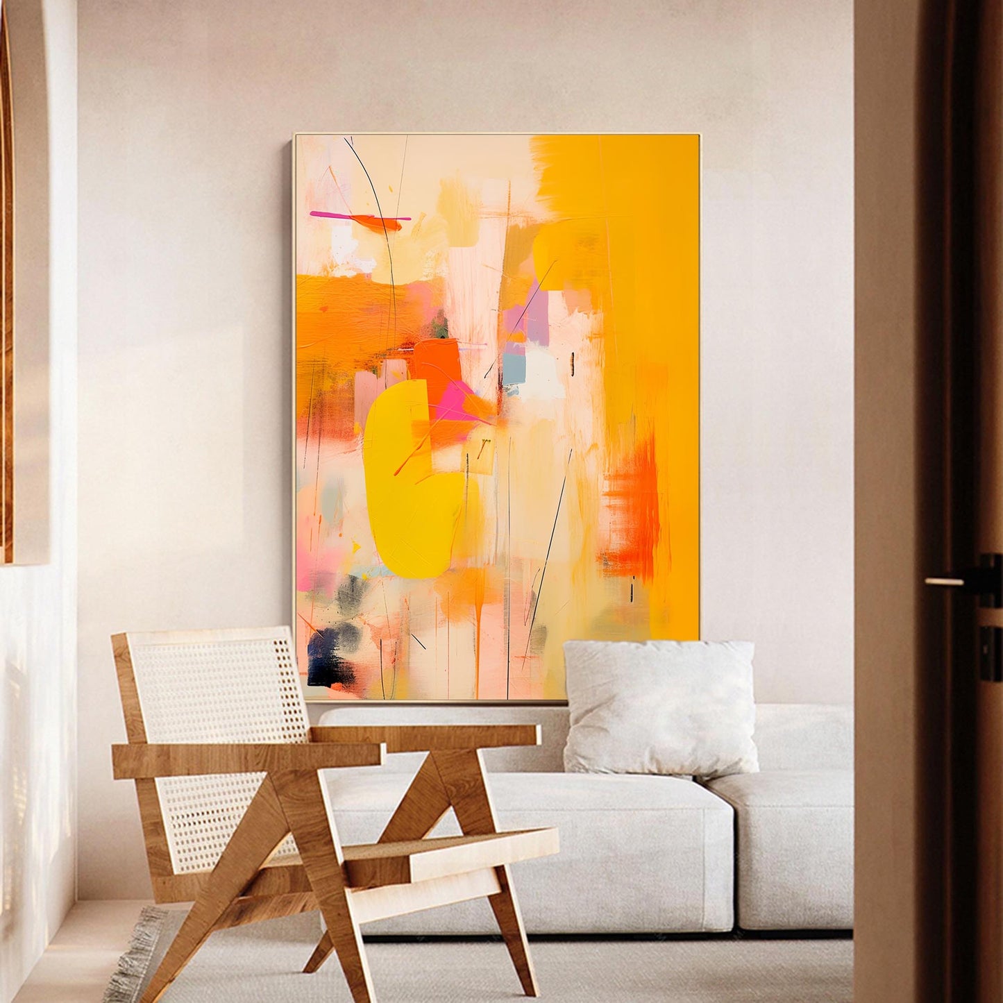 Vibrant Abstract Oil Painting in Bold Yellow and Pink Hues for Modern Decor