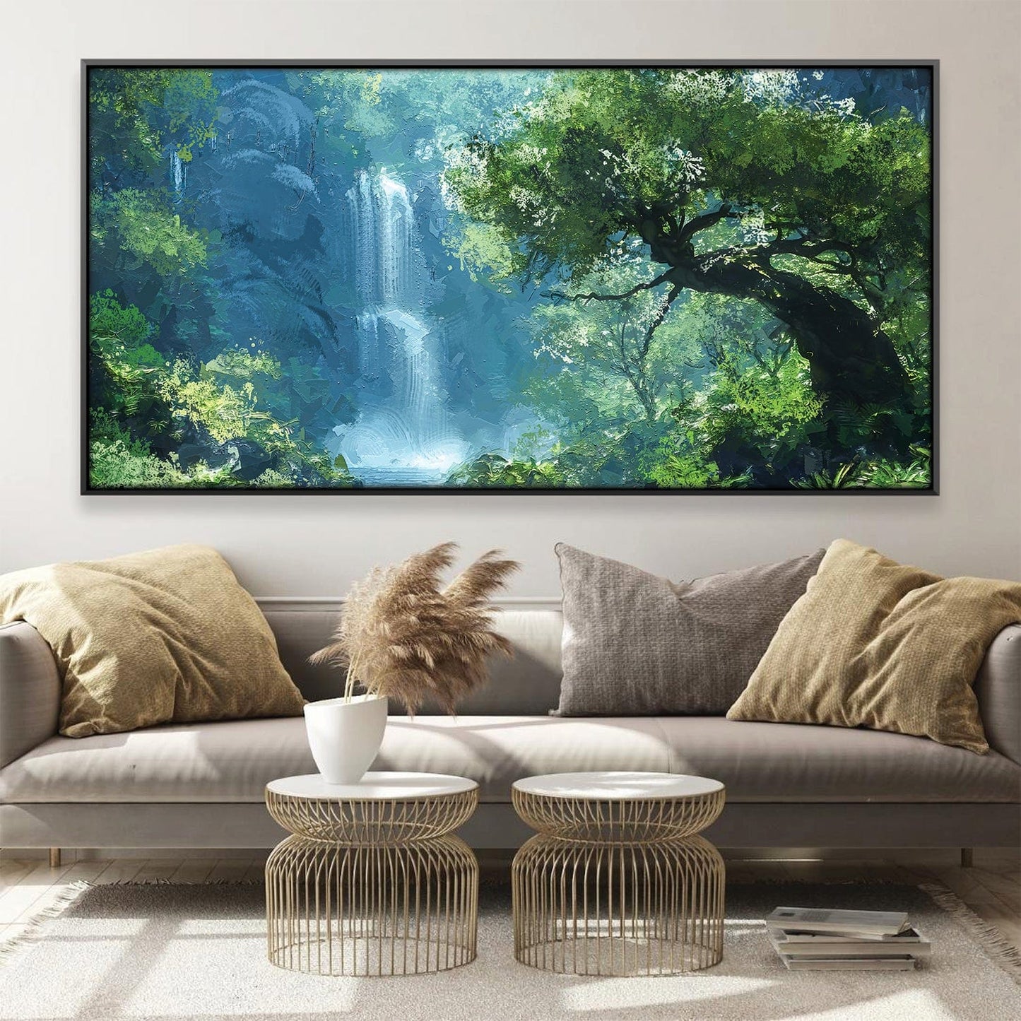 Lush Waterfall Oasis Oil Painting for Serene Home Décor