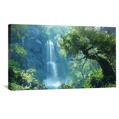 Lush Waterfall Oasis Oil Painting for Serene Home Décor