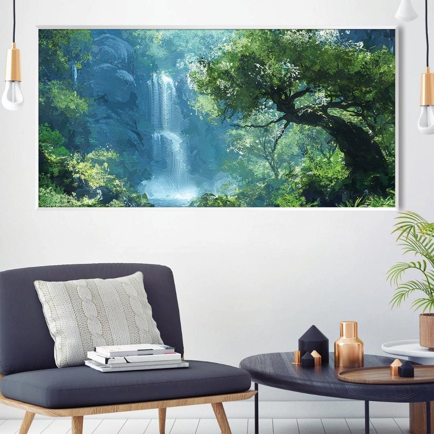 Lush Waterfall Oasis Oil Painting for Serene Home Décor