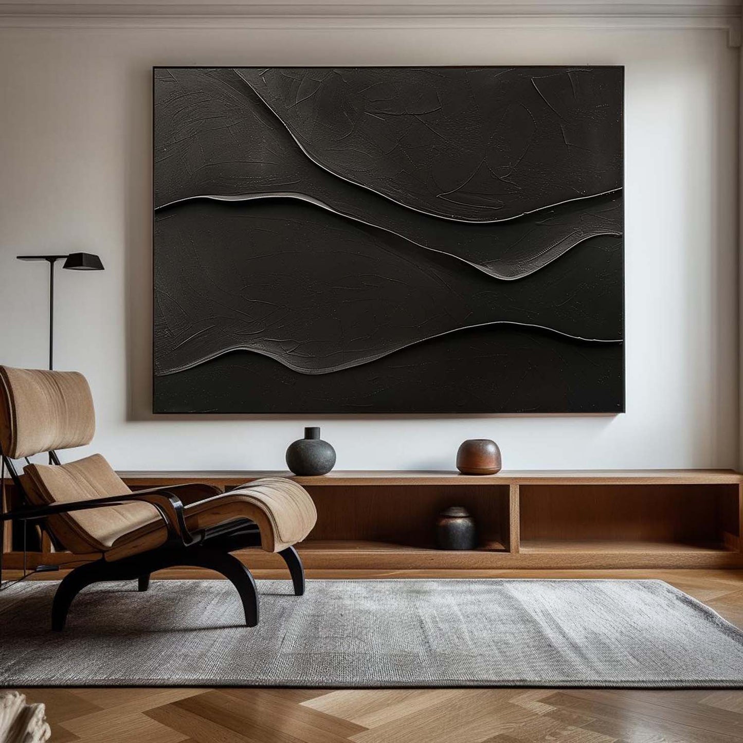 Textured Black Modern Abstract Oil Painting for Contemporary Home Decor