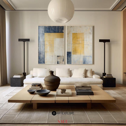 Contemporary Abstract Duo in Yellow and Blue for Modern Home Decor