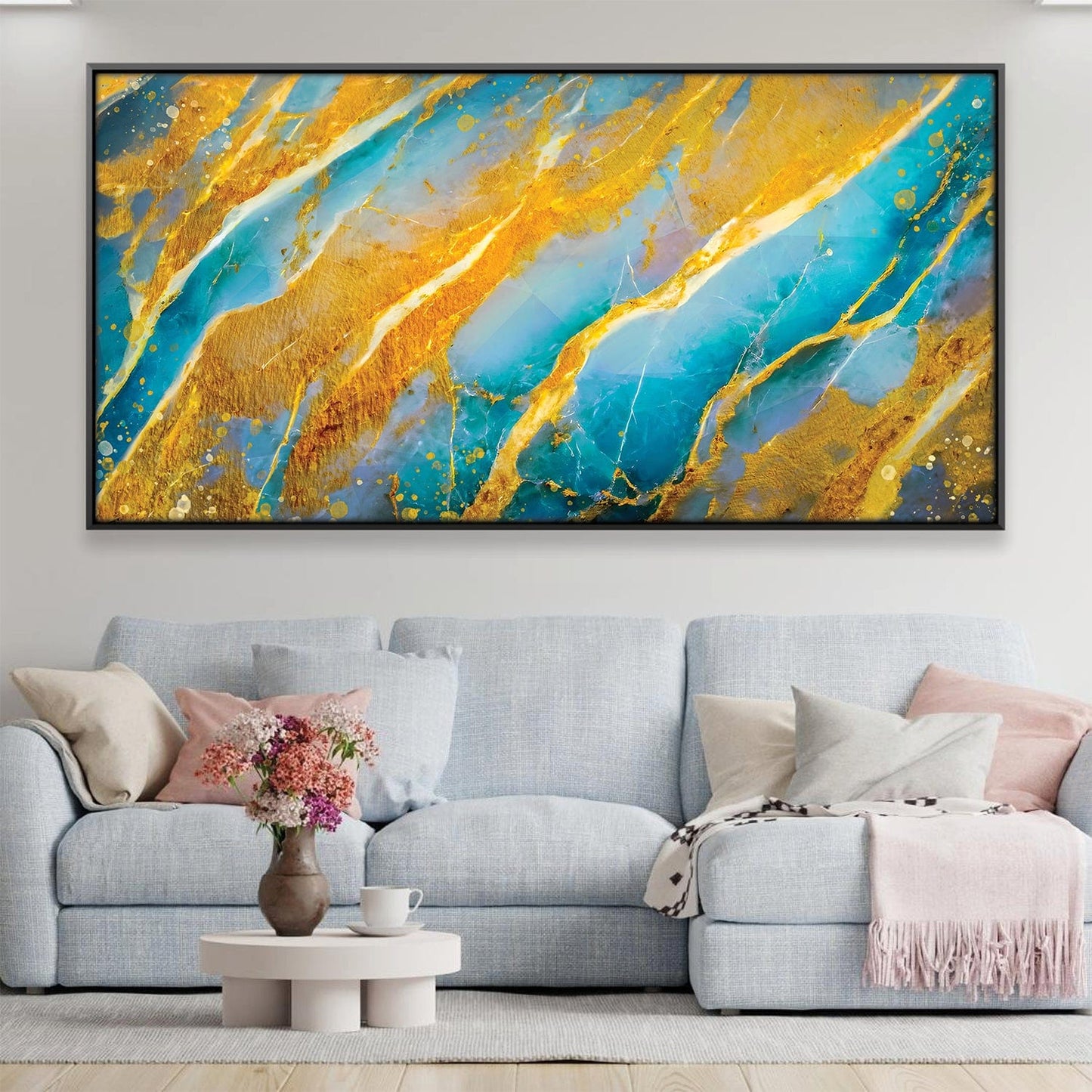 Abstract Gold and Blue Oil Painting for Elegant Home Decor