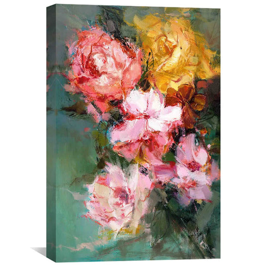 Vibrant Floral Oil Painting - Colorful Bouquet of Roses and Blooms for Home Decor
