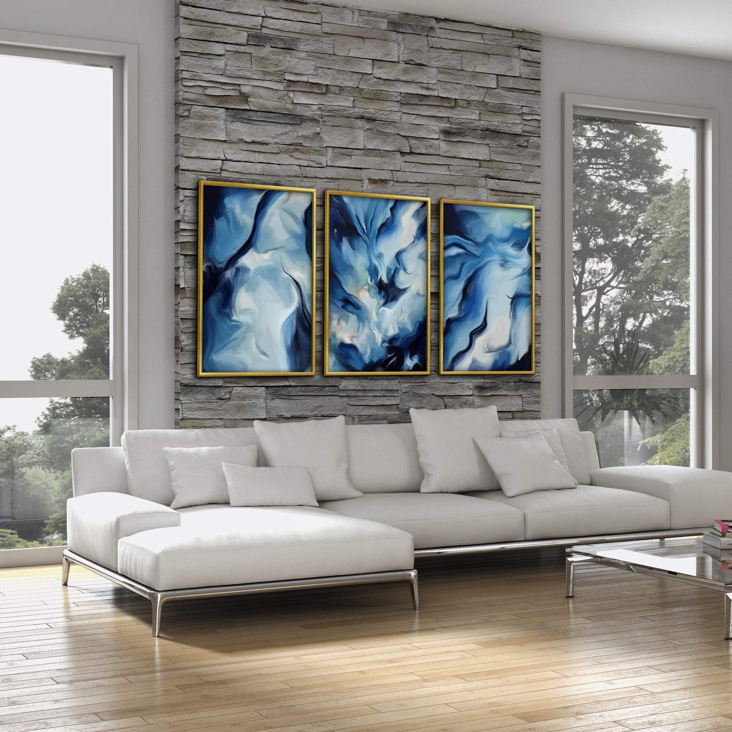 Serene Blue Abstract Ocean Waves Oil Painting for Modern Home Décor