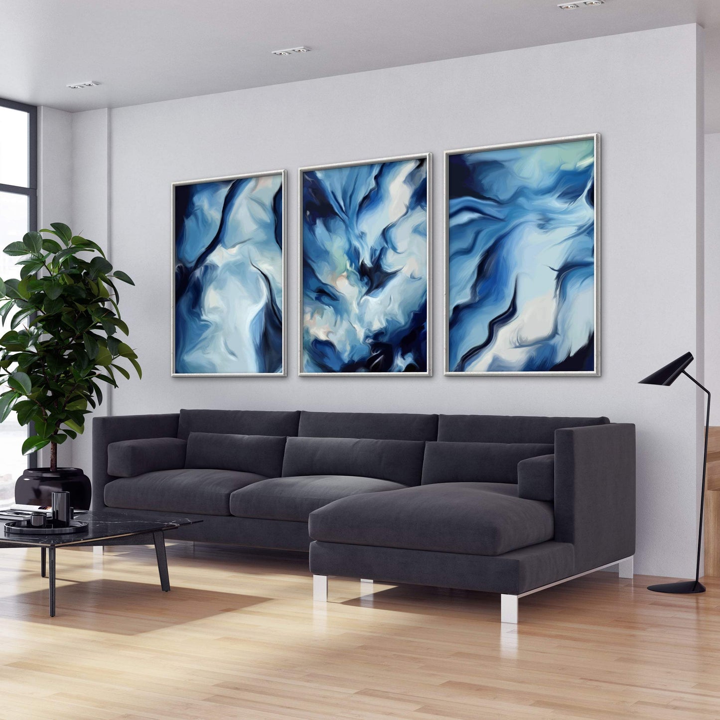 Serene Blue Abstract Ocean Waves Oil Painting for Modern Home Décor