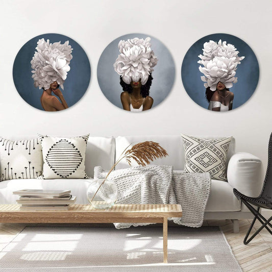 Stunning Floral Headdress Oil Painting - Elegant Women in Round Canvas Design