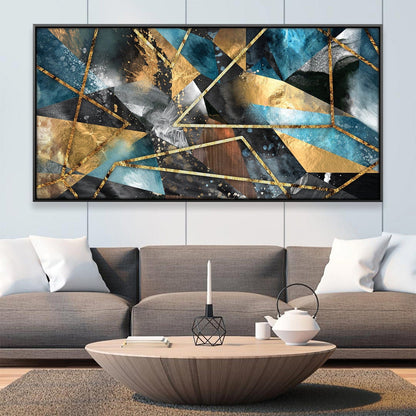 Abstract Geometric Oil Painting with Gold Accents for Modern Home Decor