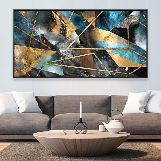 Abstract Geometric Oil Painting with Gold Accents for Modern Home Decor