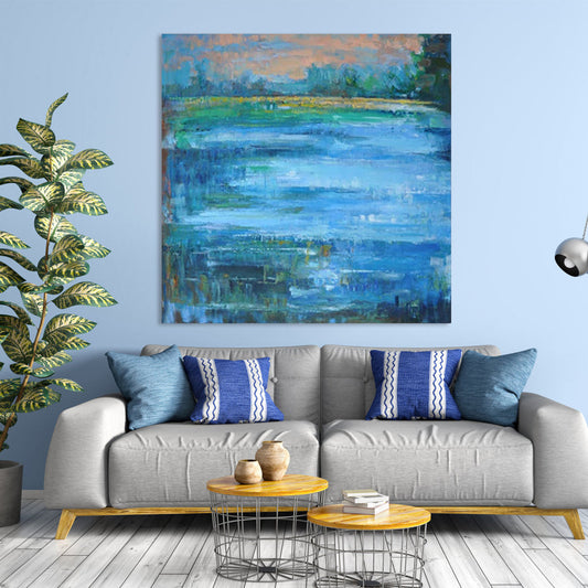 Serene Landscape: Tranquil Oil Painting of Blue Waters and Calm Skies