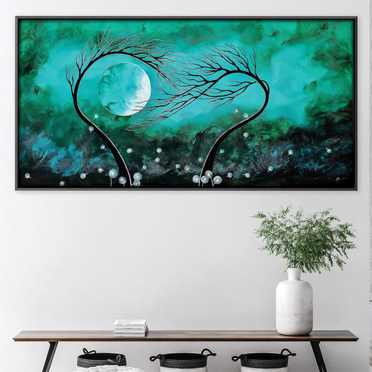 Whimsical Emerald Trees Under a Full Moon - Modern Oil Painting for Home Decor