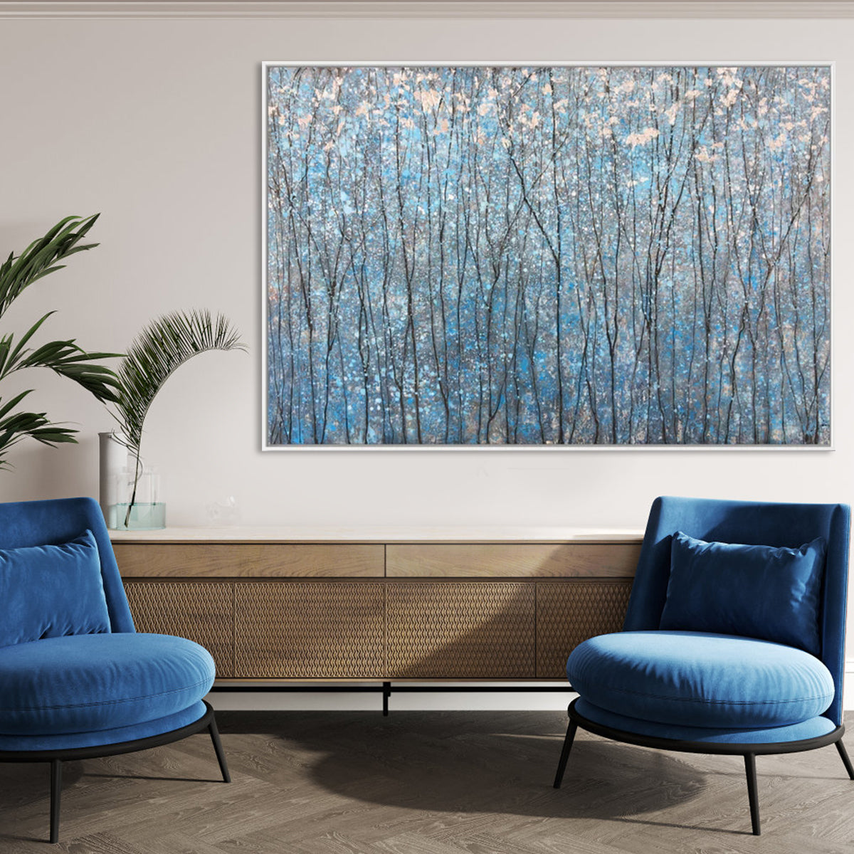 Tranquil Blue Forest: Calming Oil Painting for Modern Home Décor