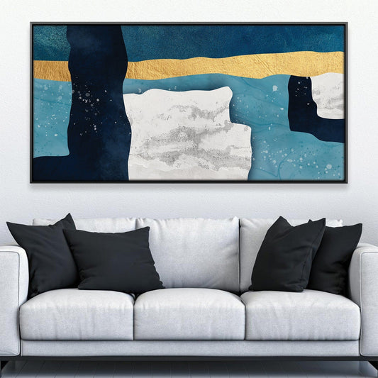 Abstract Blue and Gold Landscape Oil Painting for Modern Home Decor