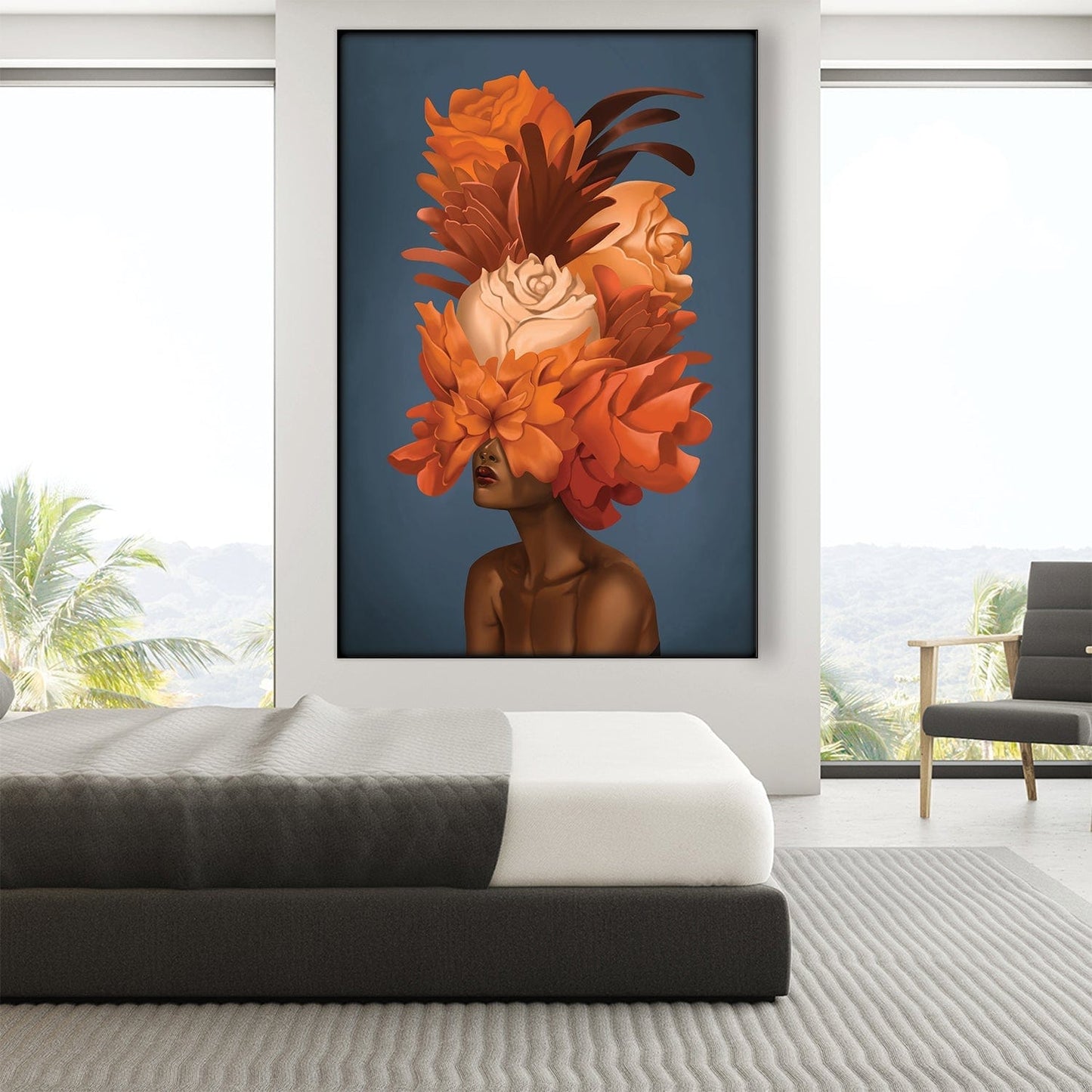 Empowered Woman with Vibrant Floral Headdress - Stunning Oil Painting