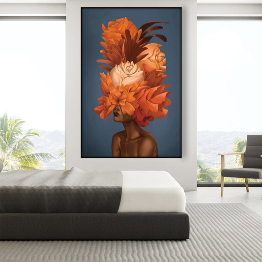Empowered Woman with Vibrant Floral Headdress - Stunning Oil Painting