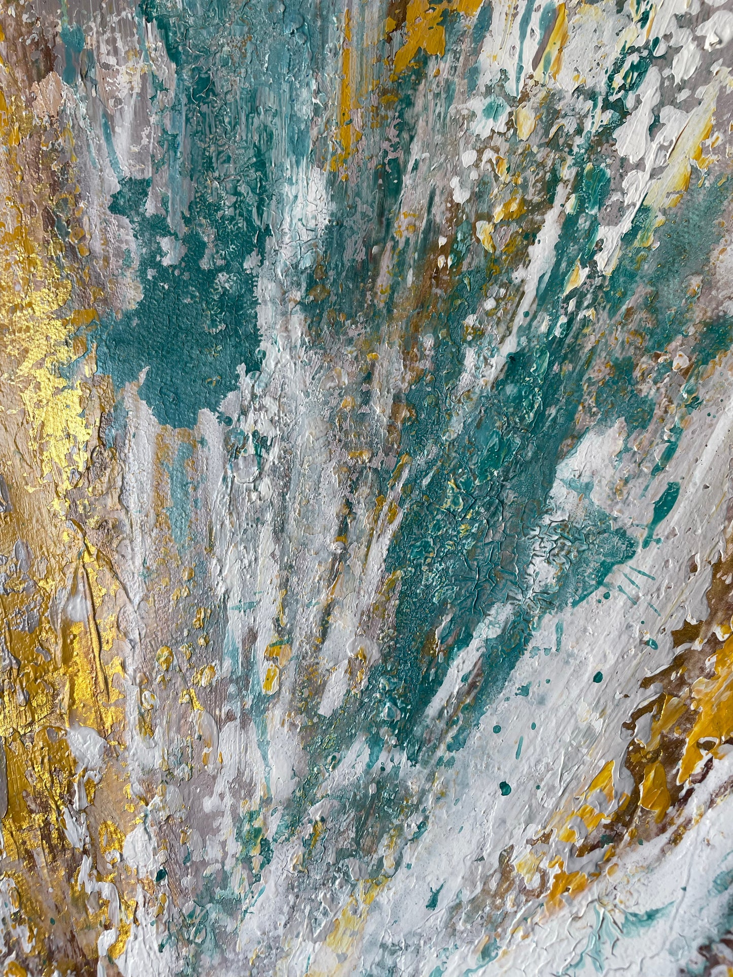 Radiant Abstract Oil Painting with Gold and Aqua Accents for Modern Decor