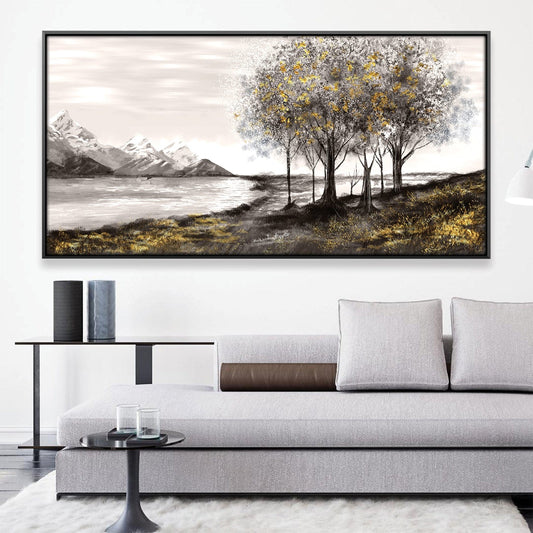 Stunning Mountain Landscape Oil Painting with Trees and Tranquil Lake