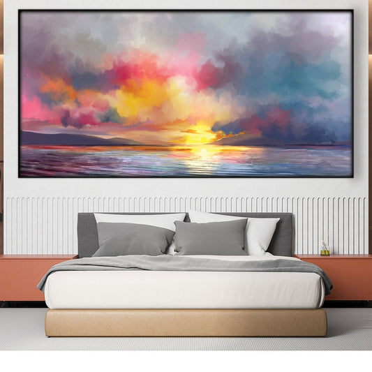 Vibrant Sunset over Tranquil Waters - Stunning Oil Painting for Home Decor