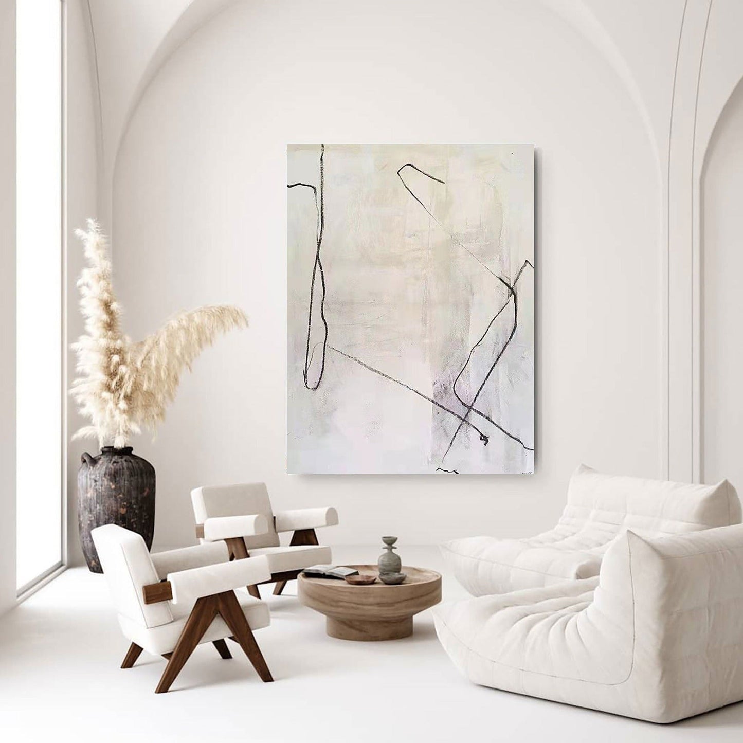 Abstract White Minimalist Oil Painting with Elegant Lines for Modern Home Decor