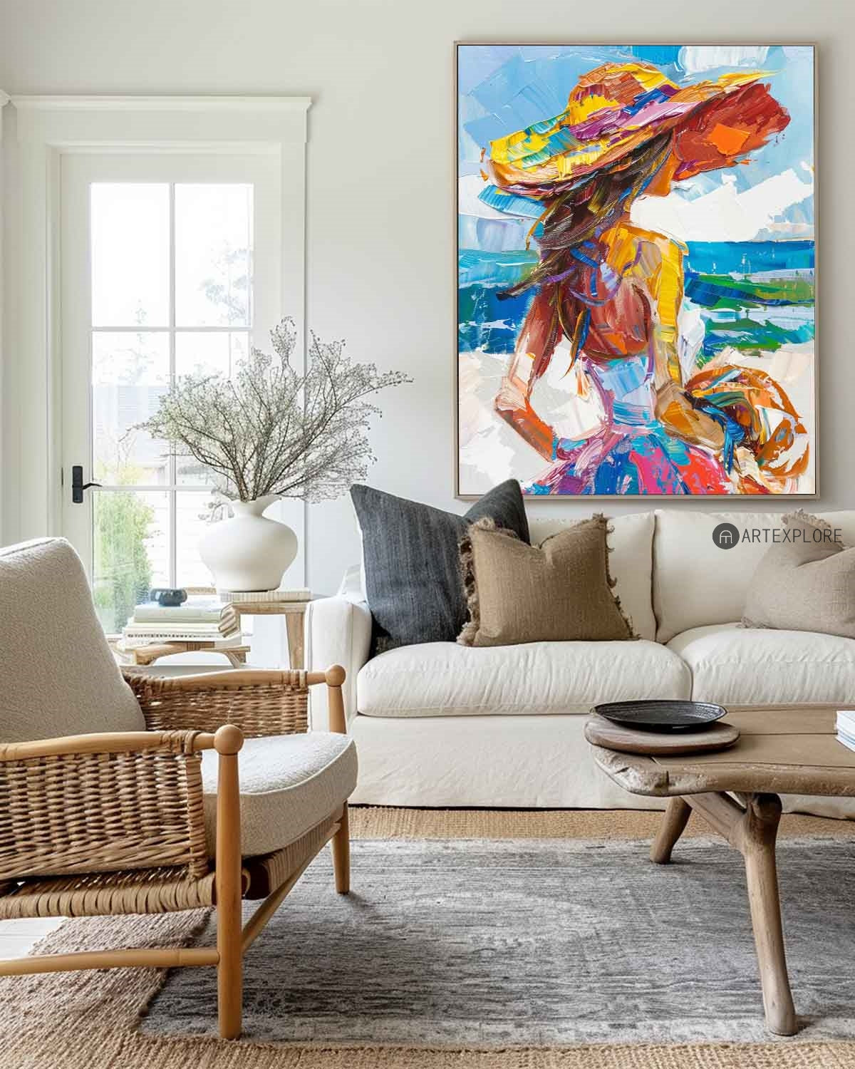Vibrant Coastal Woman in Hat | Colorful Abstract Oil Painting for Modern Decor