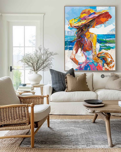 Vibrant Coastal Woman in Hat | Colorful Abstract Oil Painting for Modern Decor