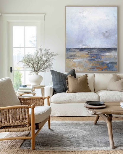 Serene Coastal Horizon Oil Painting for Tranquil Home Decor