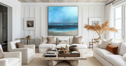 Stunning Blue Ocean Horizon Abstract Oil Painting for Coastal Home Decor