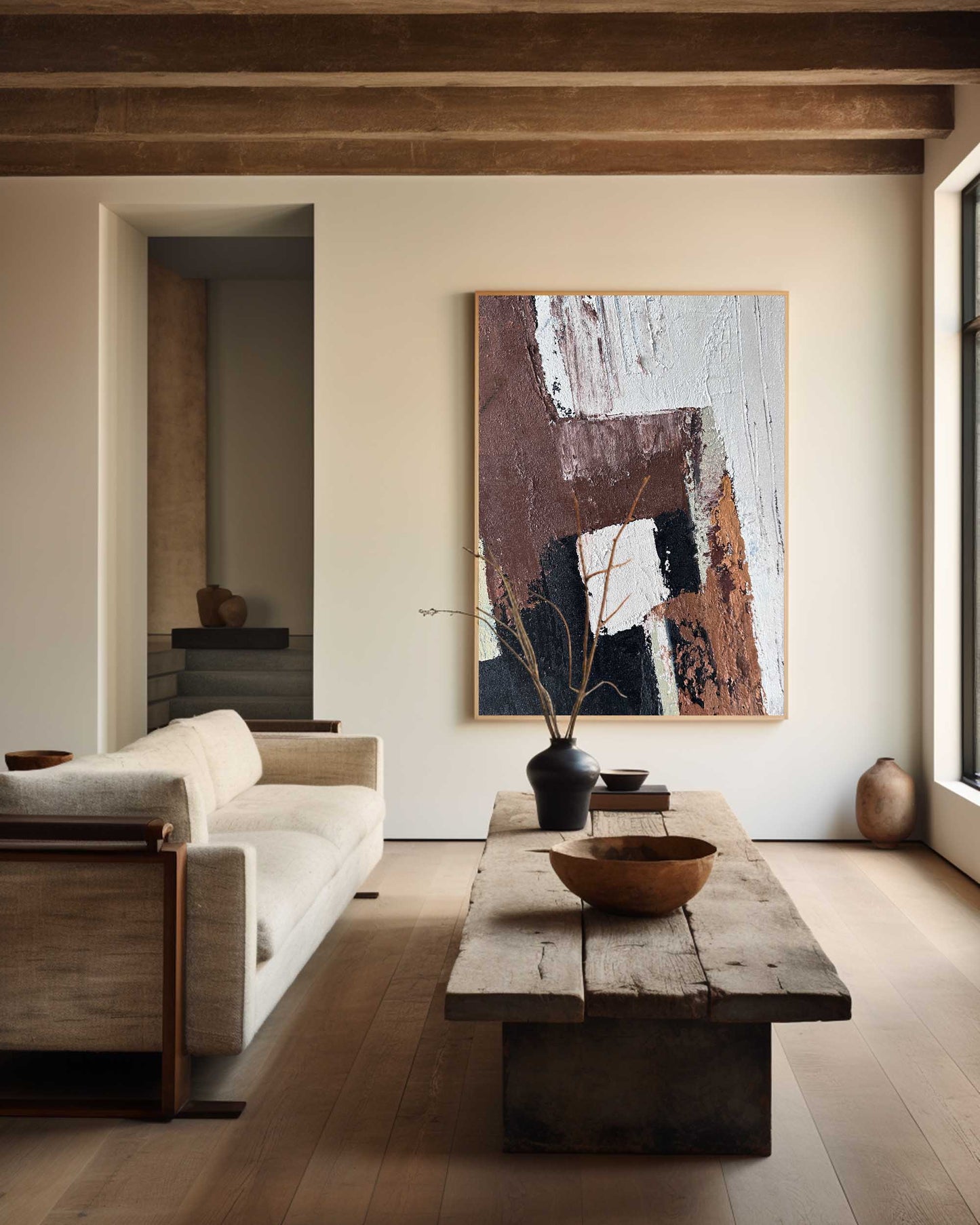 Contemporary Minimalist Abstract Oil Painting with Rich Textures and Earthy Tones