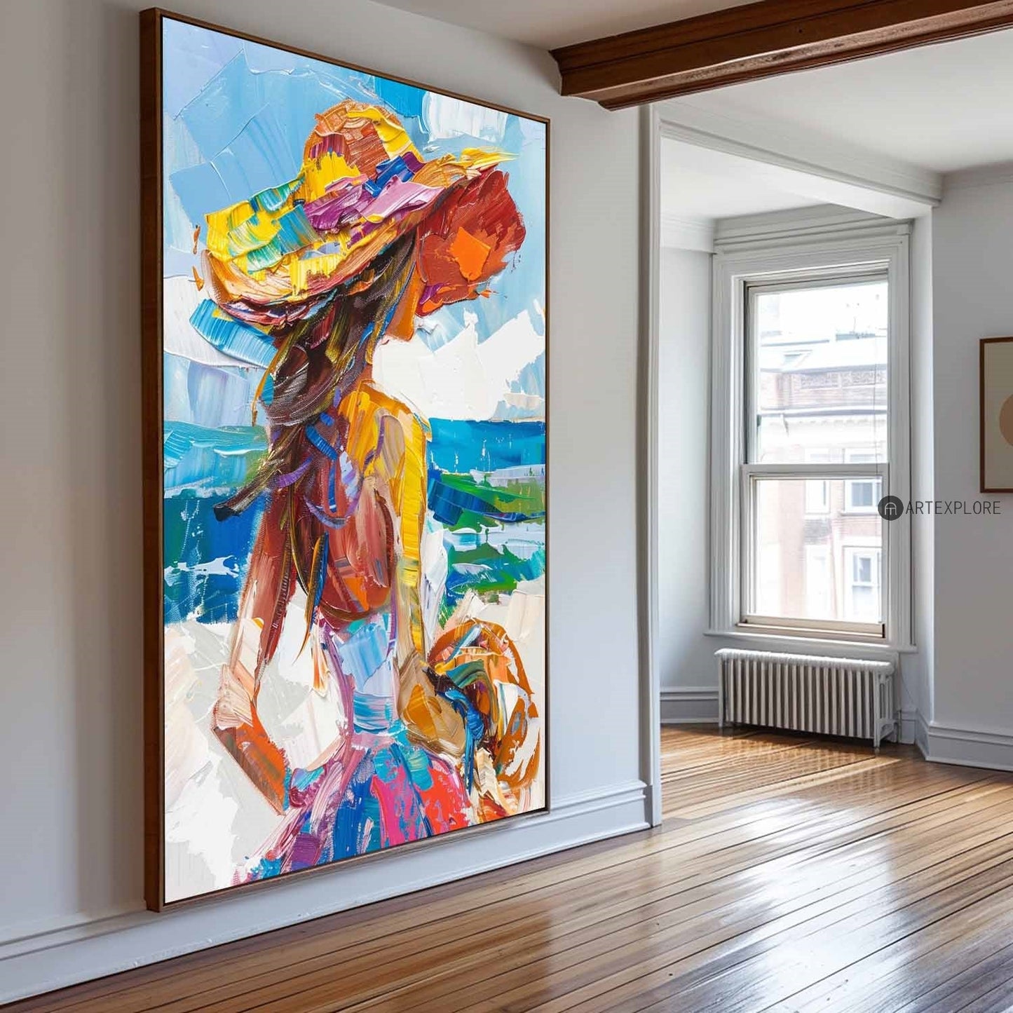 Vibrant Coastal Woman in Hat | Colorful Abstract Oil Painting for Modern Decor