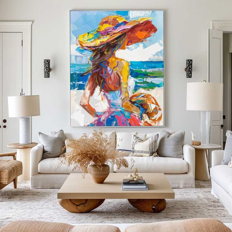 Vibrant Coastal Woman in Hat | Colorful Abstract Oil Painting for Modern Decor