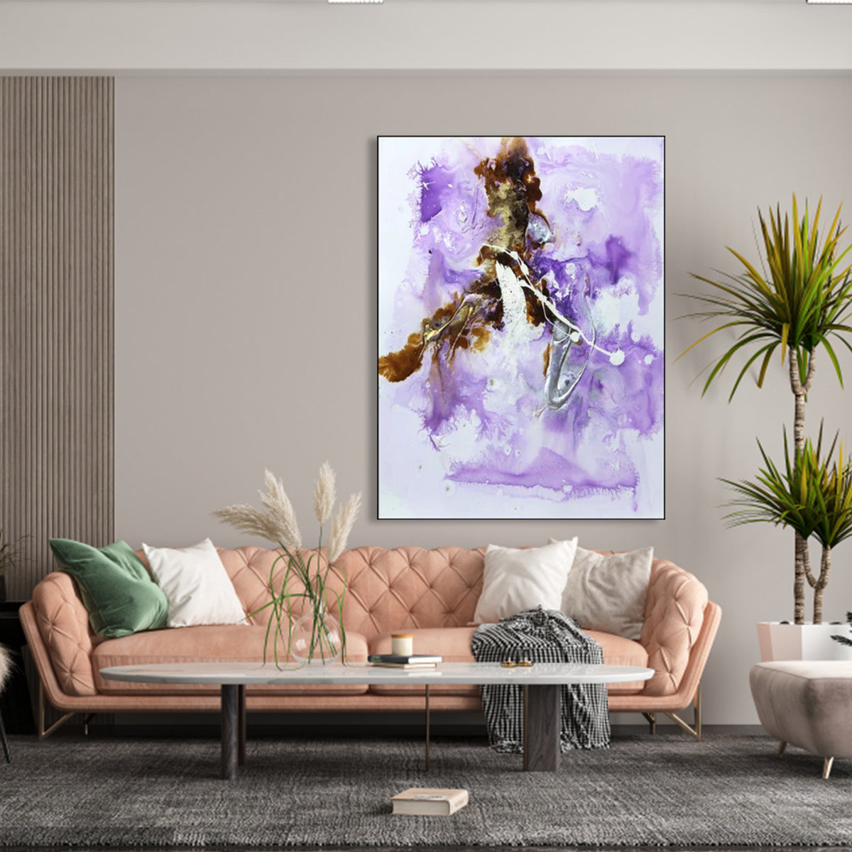 Abstract Purple Oil Painting of Flowing Energies and Vibrant Colors for Home Decor