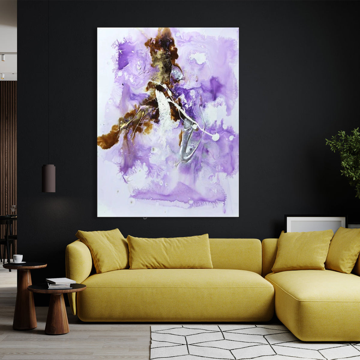 Abstract Purple Oil Painting of Flowing Energies and Vibrant Colors for Home Decor