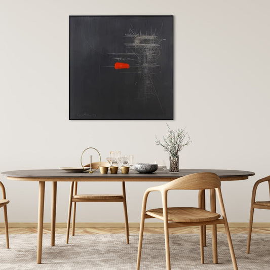 Modern Abstract Oil Painting with Vibrant Red Accent on Dark Background