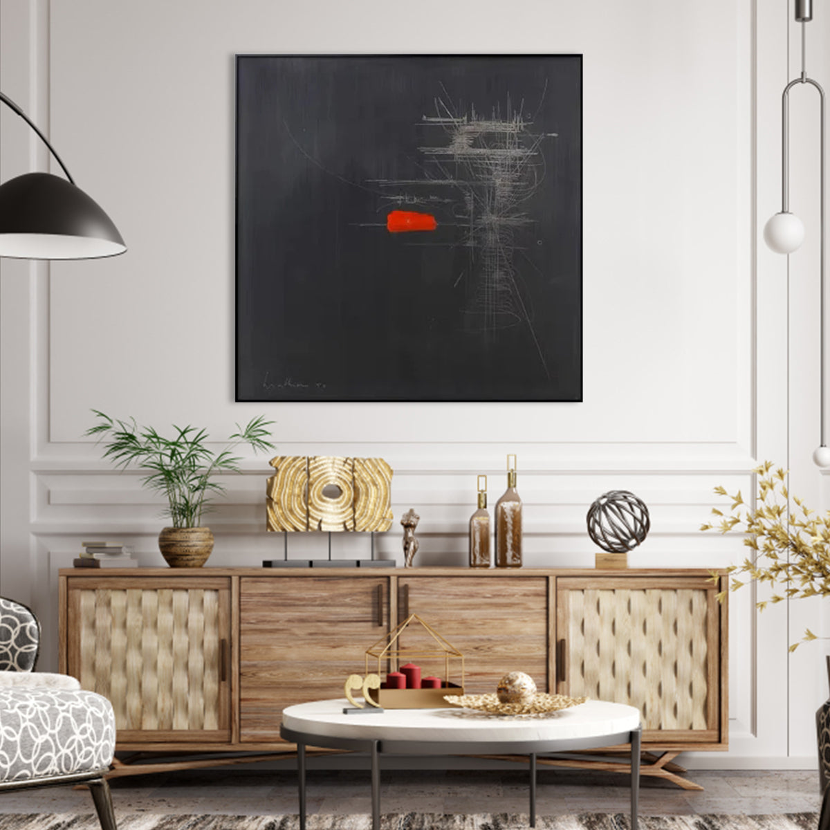 Modern Abstract Oil Painting with Vibrant Red Accent on Dark Background