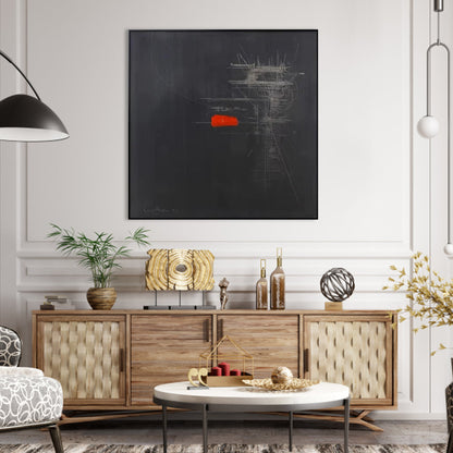 Modern Abstract Oil Painting with Vibrant Red Accent on Dark Background