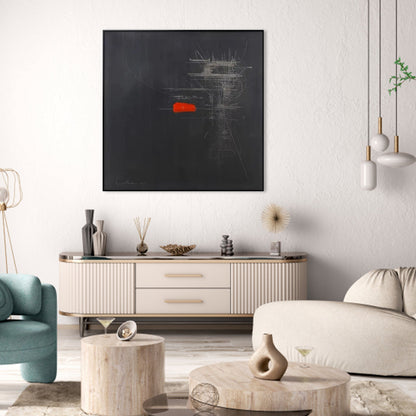 Modern Abstract Oil Painting with Vibrant Red Accent on Dark Background