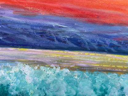Vibrant Coastal Sunset: Oil Painting of Serene Beach and Colorful Sky