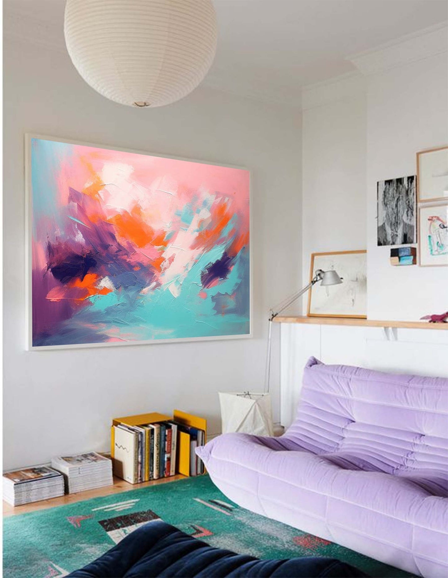 Vibrant Abstract Oil Painting in Pink and Teal for Modern Home Decor