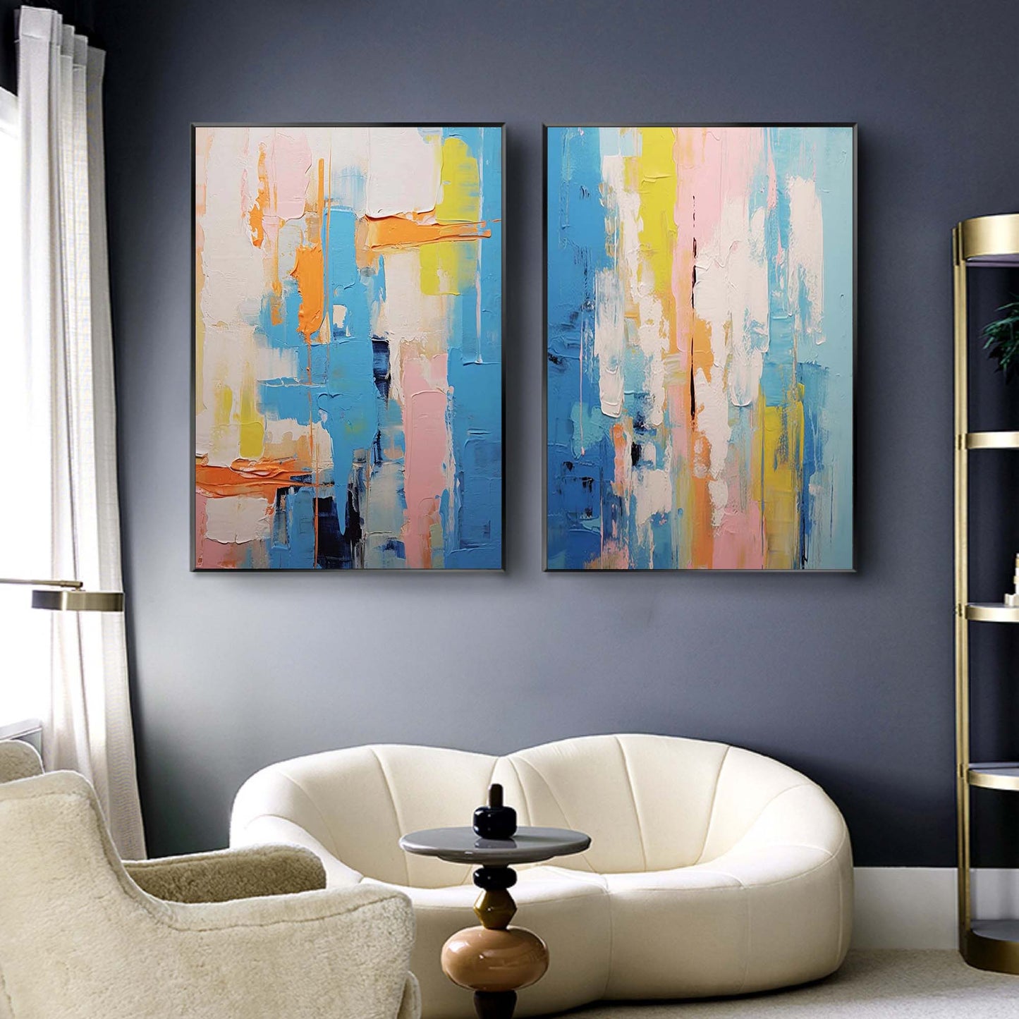 Vibrant Abstract Oil Painting Set in Blue, Pink, and Yellow for Modern Home Decor