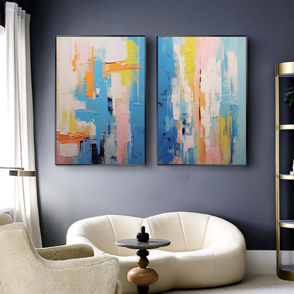 Vibrant Abstract Oil Painting Set in Blue, Pink, and Yellow for Modern Home Decor