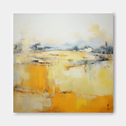 Vibrant Abstract Oil Painting with Warm Yellow and Soft Blue Tones for Modern Decor