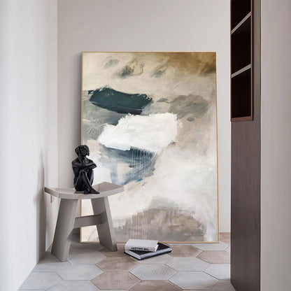 Contemporary Minimalist Oil Painting with Neutral Tones and Abstract Forms