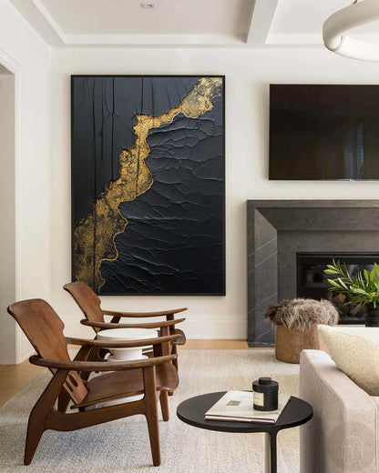 Elegant Black and Gold Minimalist Abstract Oil Painting for Modern Home Decor