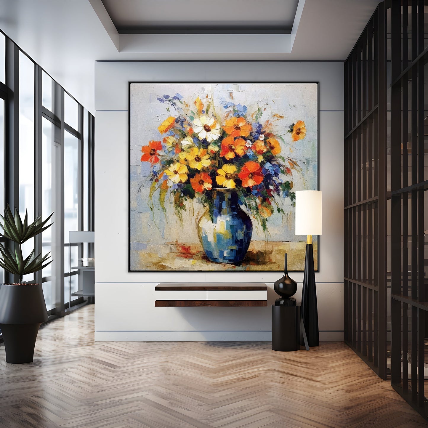 Vibrant Floral Bouquet in Blue Vase - Colorful Oil Painting for Elegant Home Décor