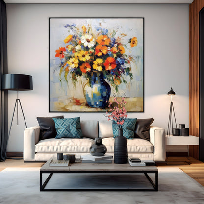 Vibrant Floral Bouquet in Blue Vase - Colorful Oil Painting for Elegant Home Décor