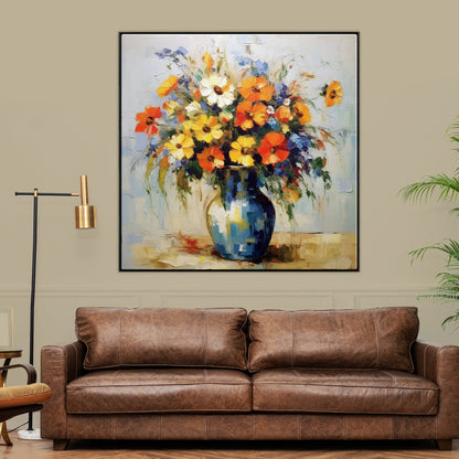 Vibrant Floral Bouquet in Blue Vase - Colorful Oil Painting for Elegant Home Décor