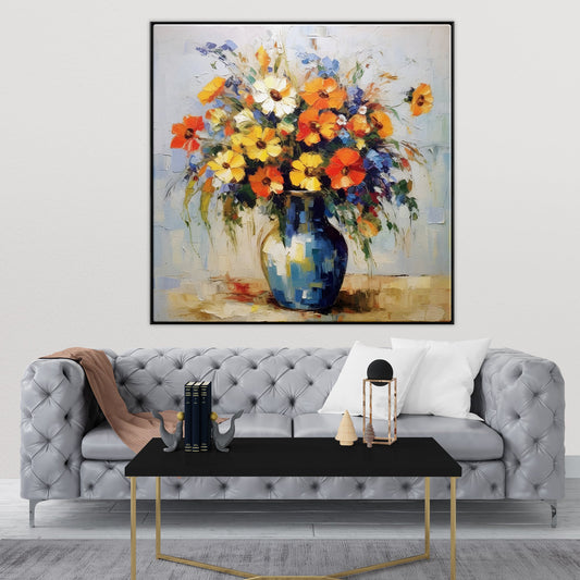 Vibrant Floral Bouquet in Blue Vase - Colorful Oil Painting for Elegant Home Décor